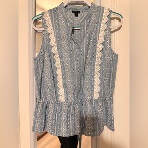 Ann Taylor Blue Eyelet Lace-Trim Sleeveless Peplum Blouse